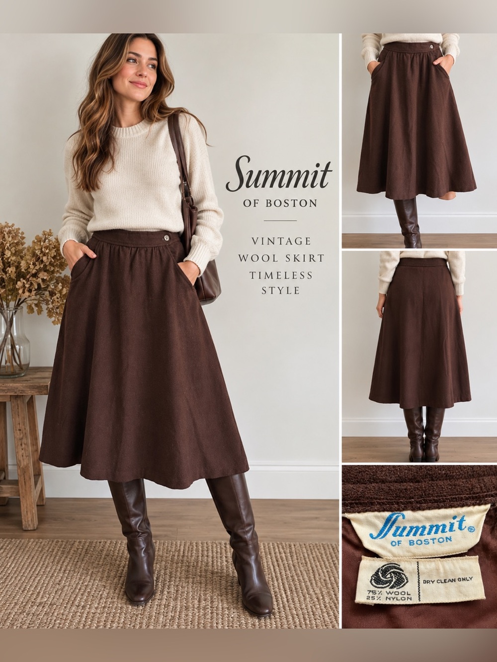 Vintage Summit of Boston Brown Wool Midi Skirt 70s A-Line Pockets